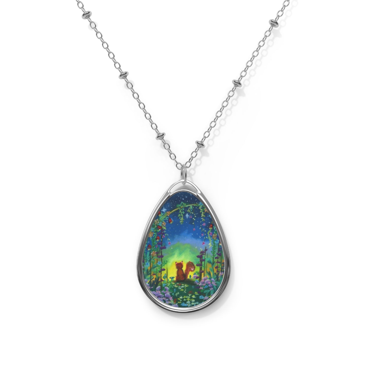 Silver Oval Pendant Necklace with Hand-painted Fox and Flowers Nature Art