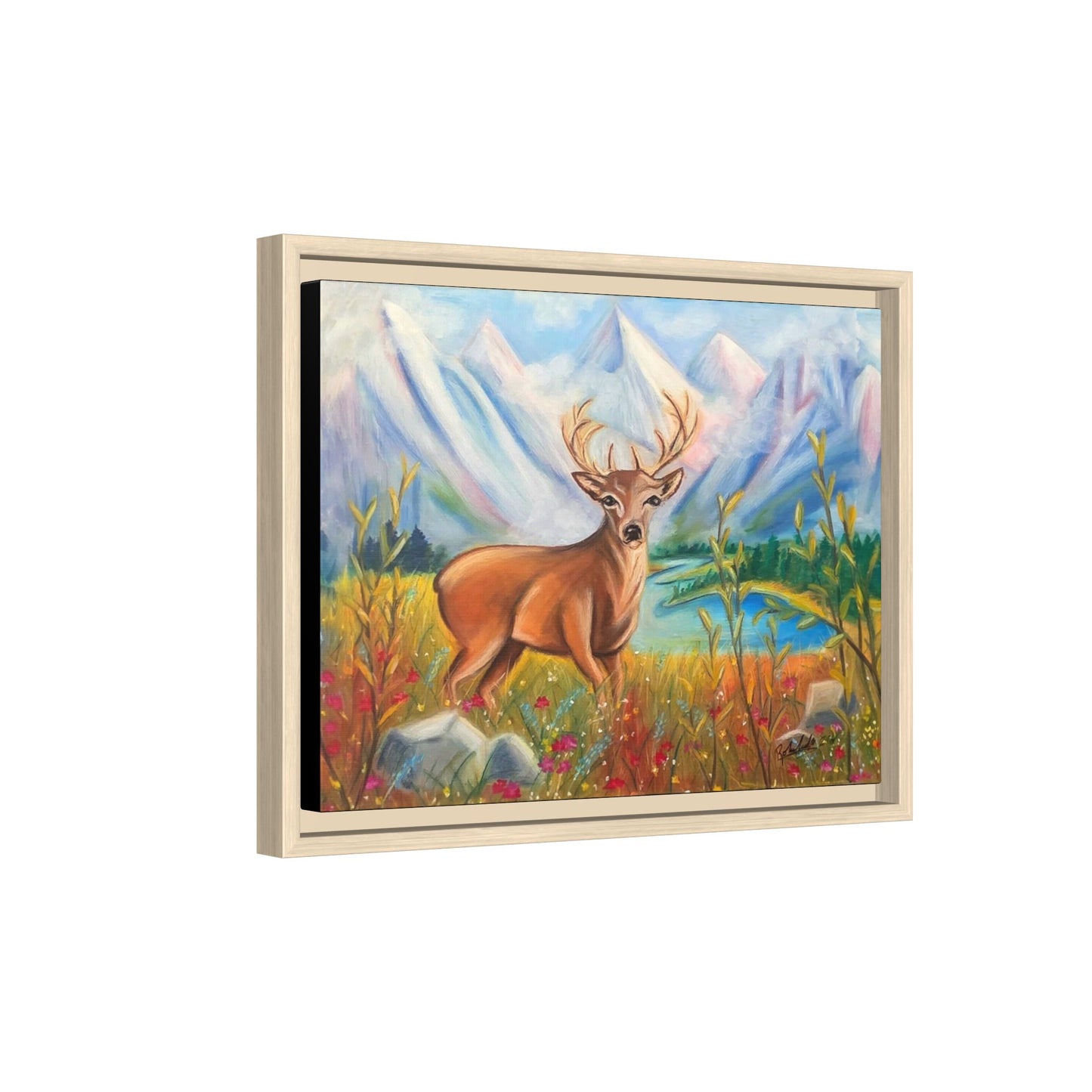 Framed Canvas Wall Art — Majestic Deer in Mountain Meadow