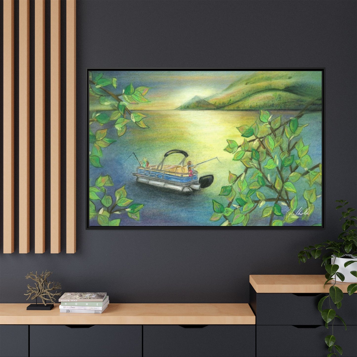 Pontoon Boat on Lake Framed Wall Art