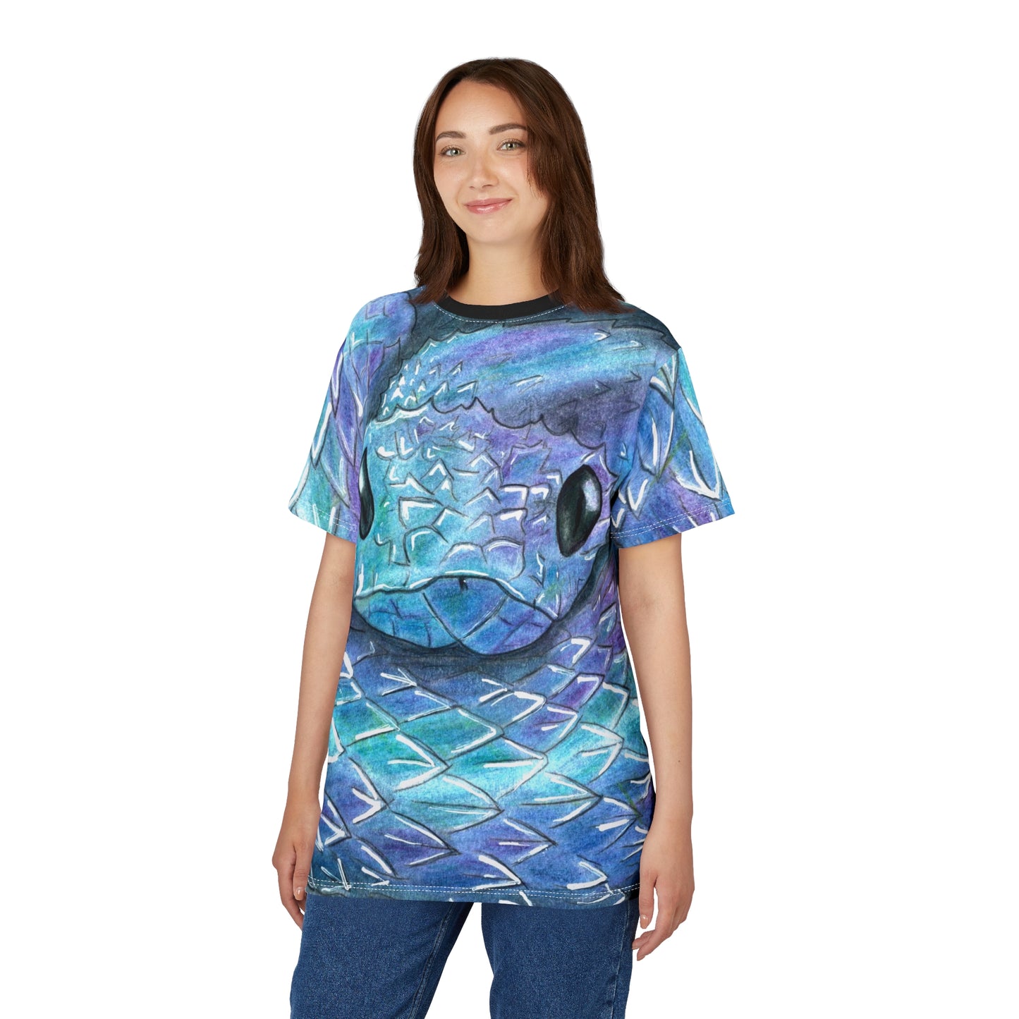 Blue Serpent All-Over Print Tee — Water Snake Face Design