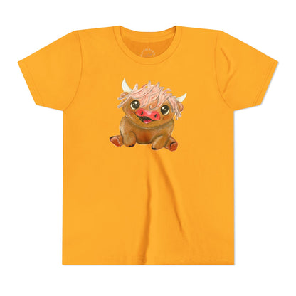 Cute Highland Cow Kids T‑Shirt — Adorable Baby Cow Graphic Youth Tee