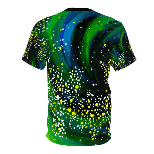 Galaxy Swirl Tee — Green Cosmic All-Over Print T‑Shirt