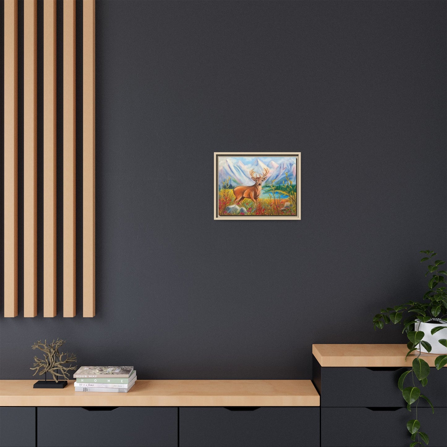 Framed Canvas Wall Art — Majestic Deer in Mountain Meadow