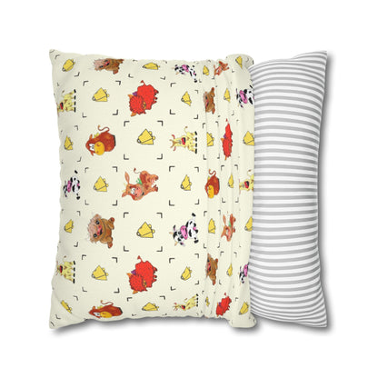 Cute Farm Animal Pattern Square Pillowcase – Whimsical Chick, Pig & Cow Throw Pillow Cover
