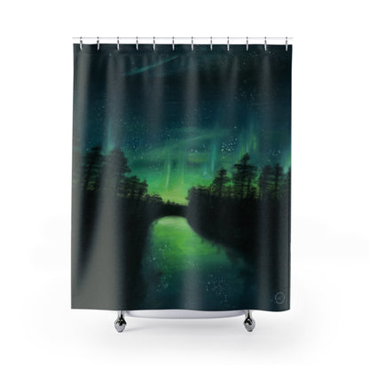 Aurora Forest Shower Curtain — Northern Lights Bathroom Decor