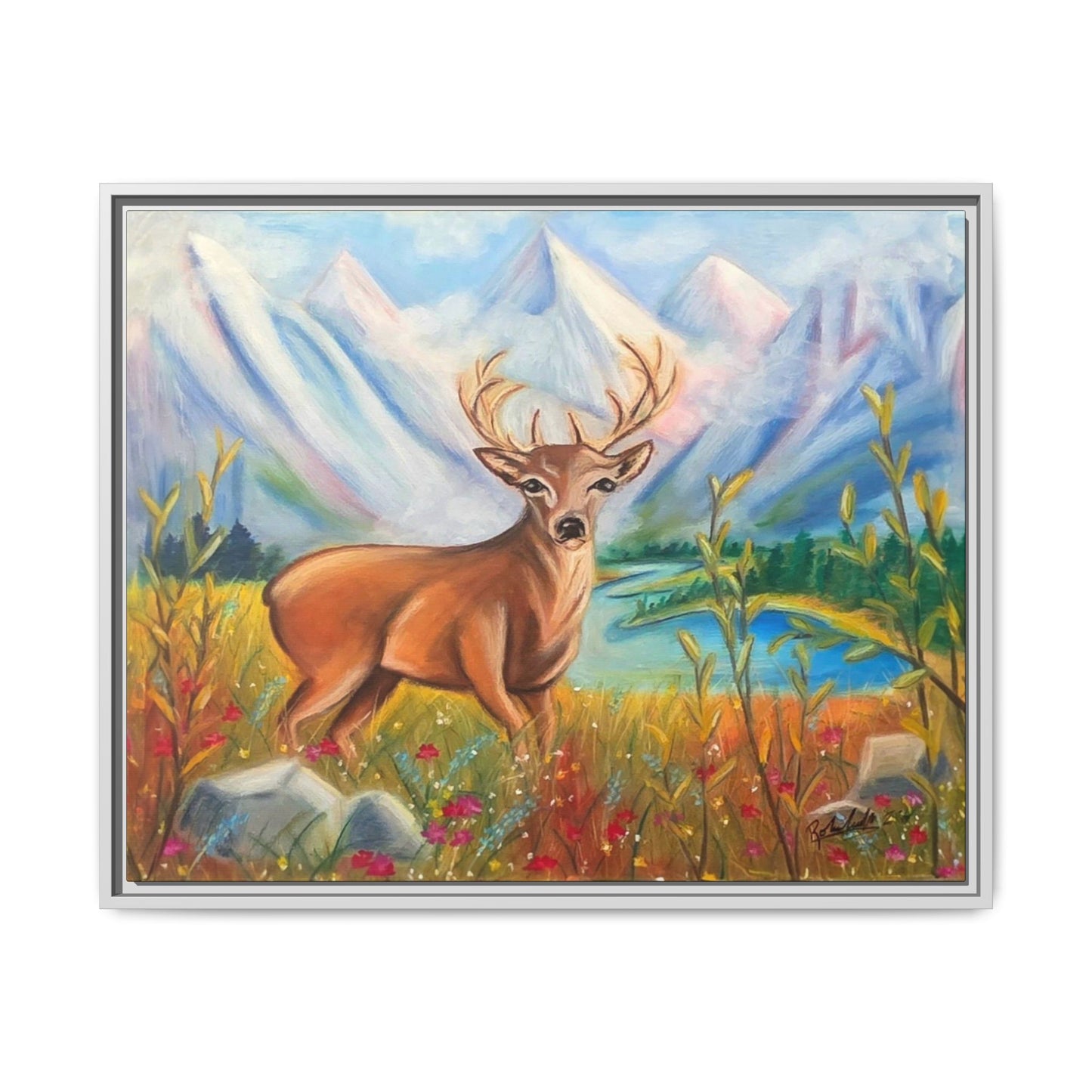 Framed Canvas Wall Art — Majestic Deer in Mountain Meadow