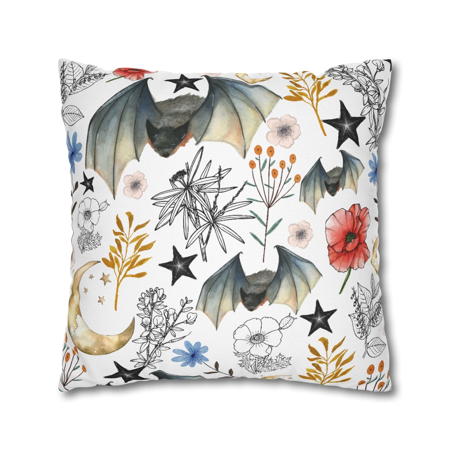 Botanical Night Bat Pillowcase — Floral Moon & Stars Throw Pillow Cover