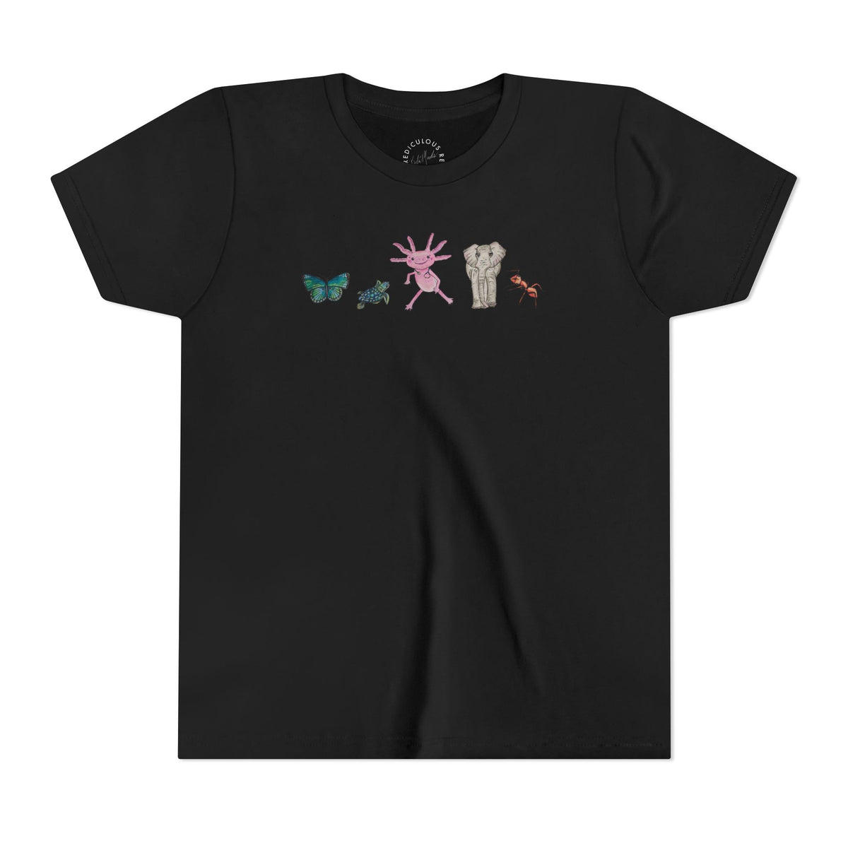 Youth Tee — Whimsical Critters (butterfly, ant, axolotl, elephant)
