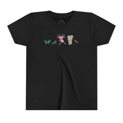 Youth Tee — Whimsical Critters (butterfly, ant, axolotl, elephant)