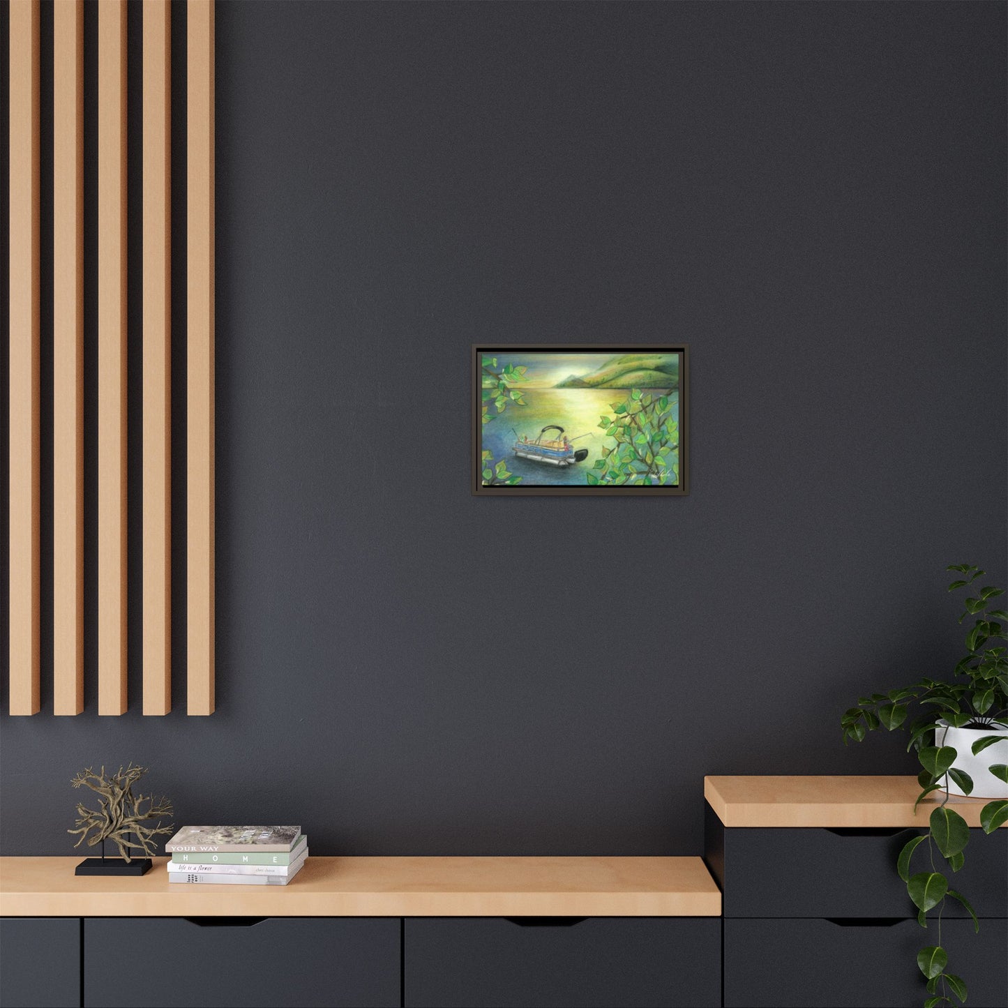 Pontoon Boat on Lake Framed Wall Art