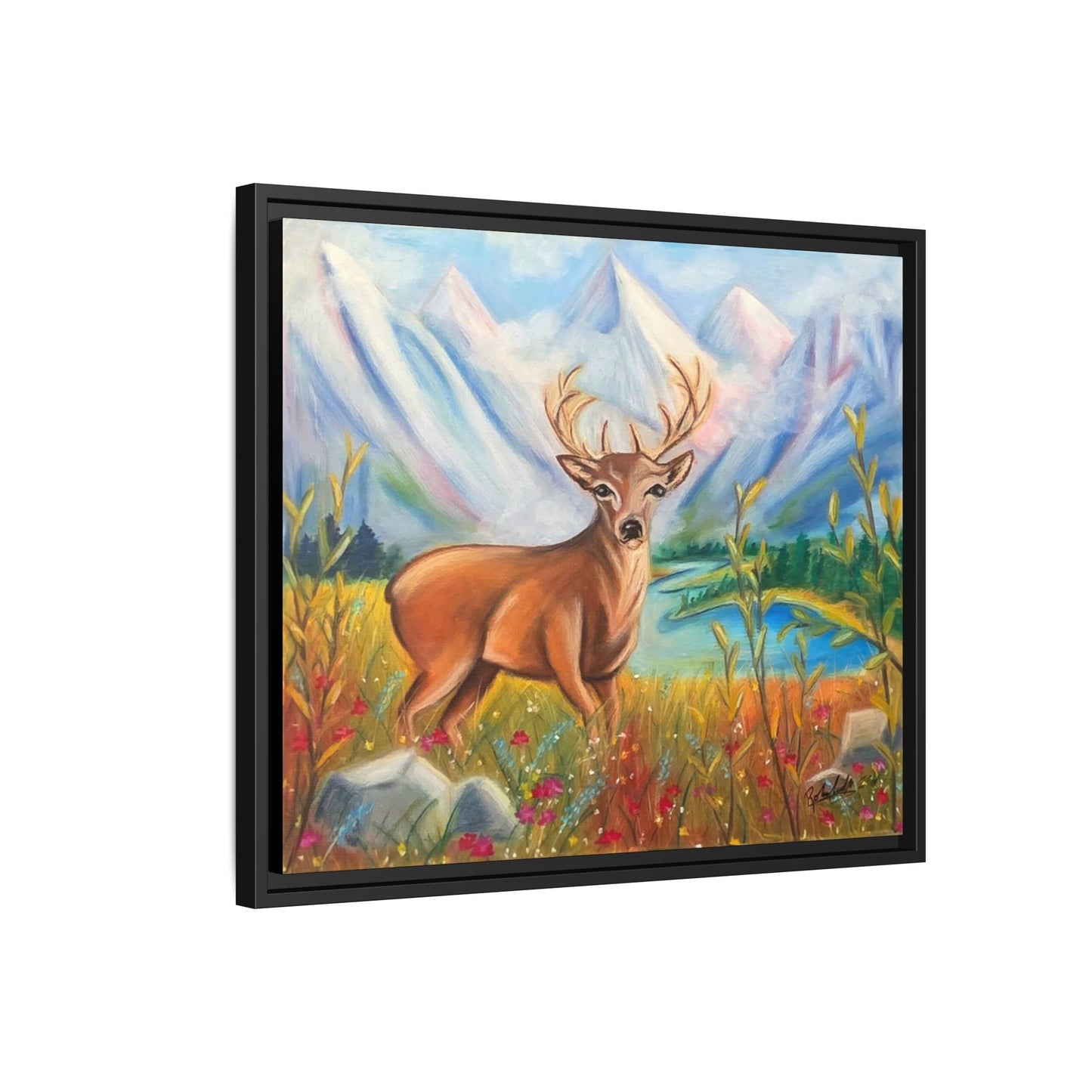Framed Canvas Wall Art — Majestic Deer in Mountain Meadow