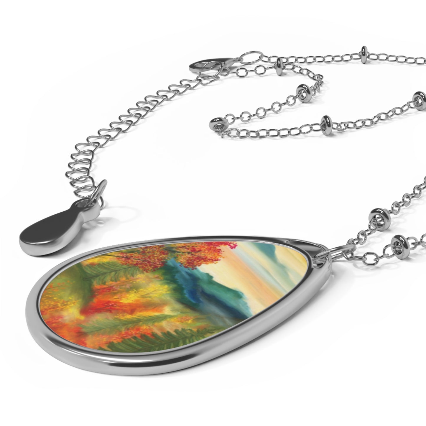 Silver Oval Pendant Necklace with Hand-painted Boho Fall Forest Nature Art