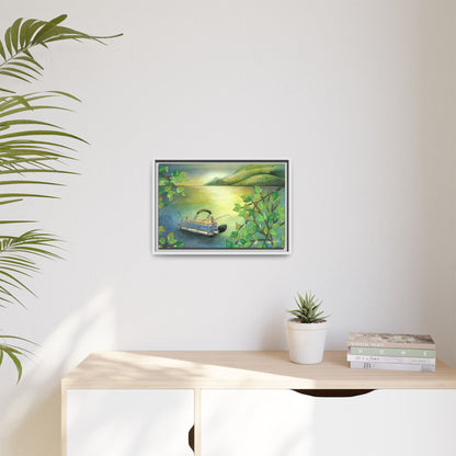 Pontoon Boat on Lake Framed Wall Art