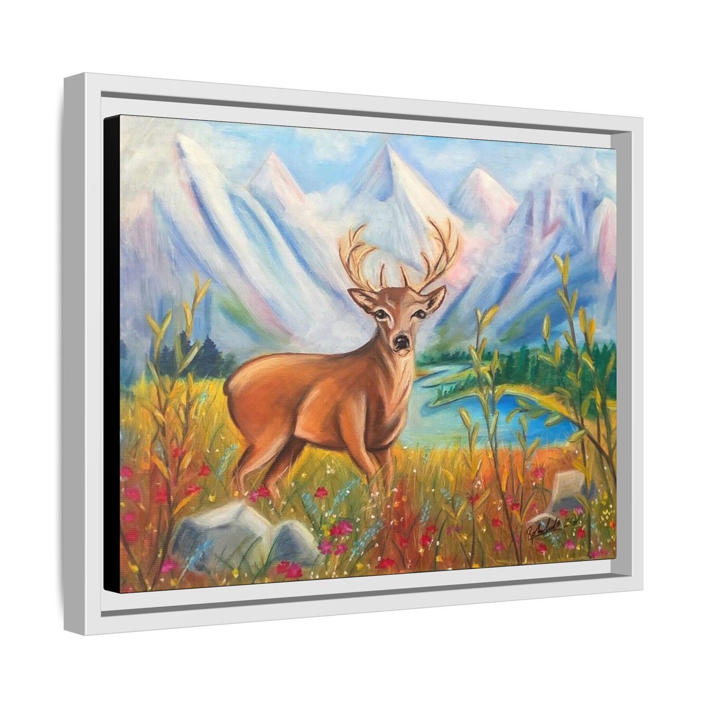 Framed Canvas Wall Art — Majestic Deer in Mountain Meadow
