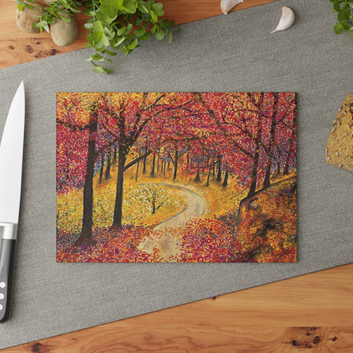 Autumn Forest Glass Cutting Board – Scenic Fall Trees Kitchen Decor