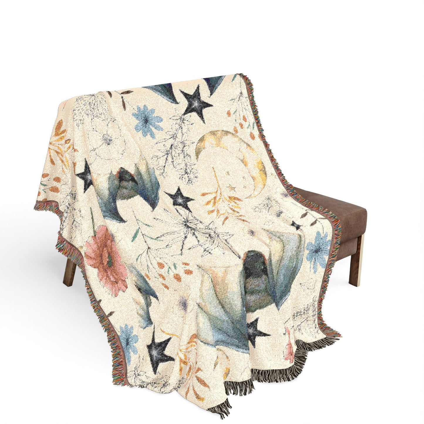 Celestial Bat Woven Blanket — Moon & Star Throw with Botanical Accents