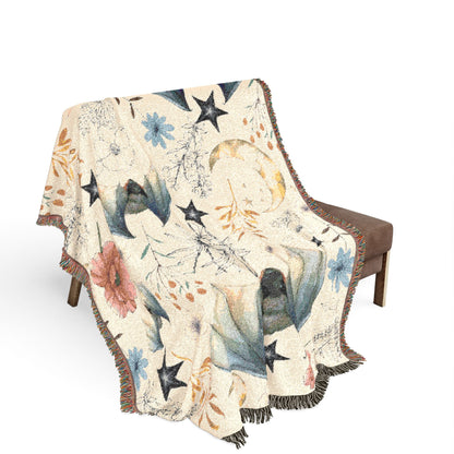 Celestial Bat Woven Blanket — Moon & Star Throw with Botanical Accents