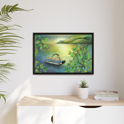 Pontoon Boat on Lake Framed Wall Art