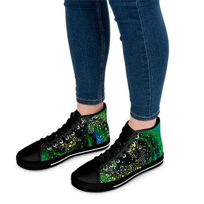 Galaxy Green Women's High-Top Sneakers — Cosmic Swirl Design