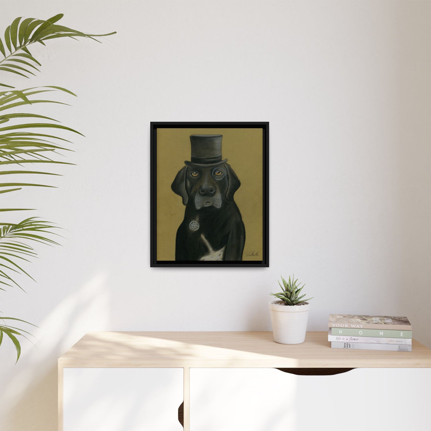 Black Lab Dog in Top Hat Framed Wall Art