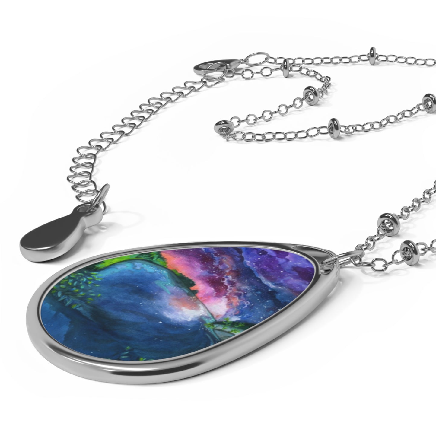 Silver Oval Pendant Necklace with Hand-painted Sunset Lake Watercolor Art