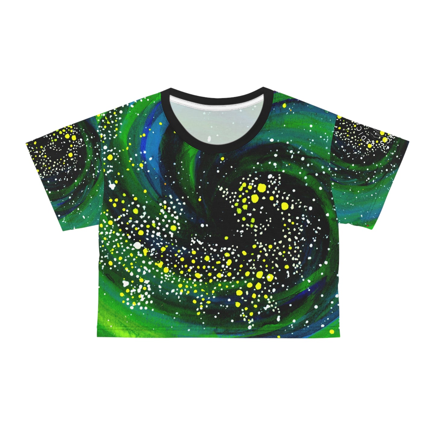 Galactic Swirl Crop Tee — Neon Green Space Galaxy Print