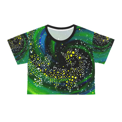 Galactic Swirl Crop Tee — Neon Green Space Galaxy Print