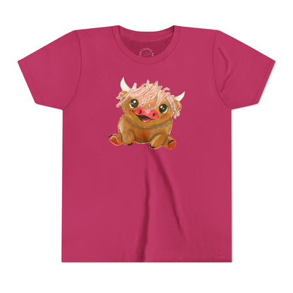 Cute Highland Cow Kids T‑Shirt — Adorable Baby Cow Graphic Youth Tee