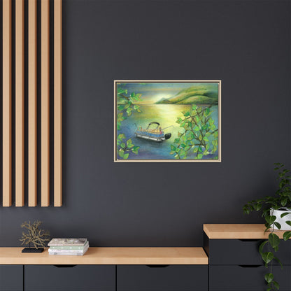 Pontoon Boat on Lake Framed Wall Art