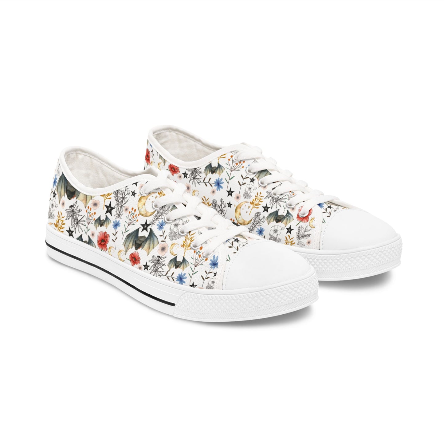 Floral Constellation Bat Low-Top Sneakers — Women's Casual Garden Print Shoes