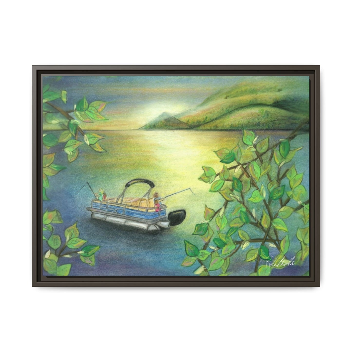 Pontoon Boat on Lake Framed Wall Art