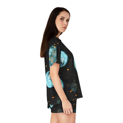 Celestial Blue Moon Women's Short Pajama Set — Spacey Planet Print Loungewear