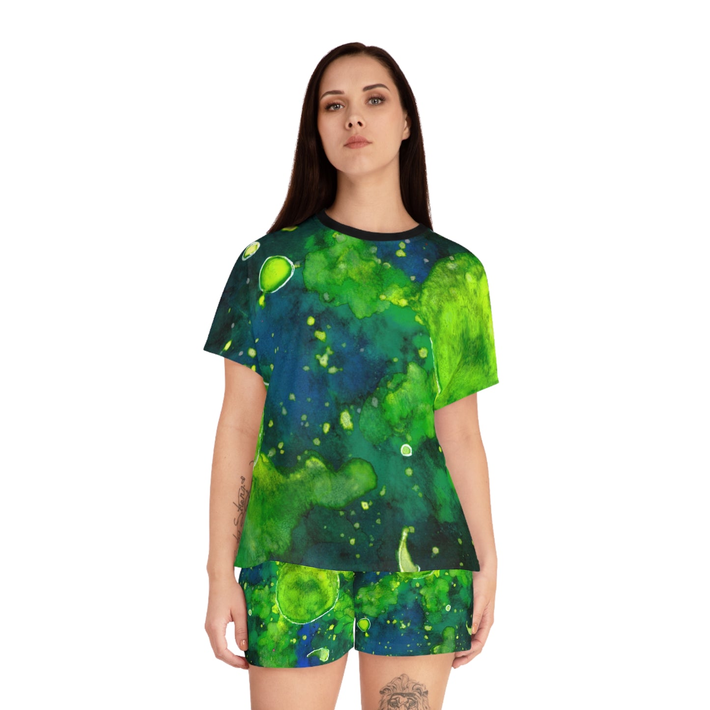 Green Watercolor Galaxy Pajama Set - Women's Short Sleepwear