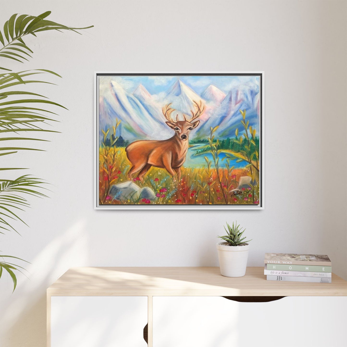 Framed Canvas Wall Art — Majestic Deer in Mountain Meadow