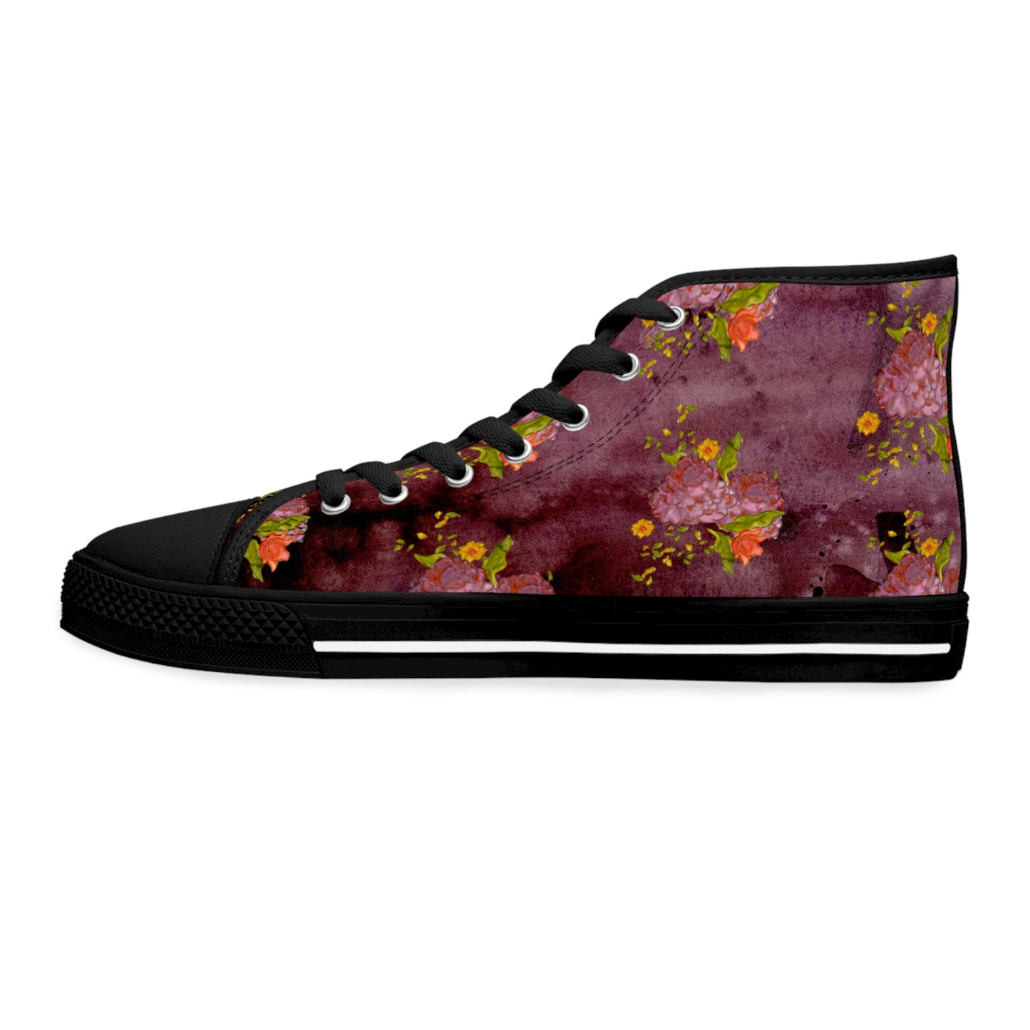 Floral Burgundy High Top Sneakers — Women's Artistic Rose Pattern