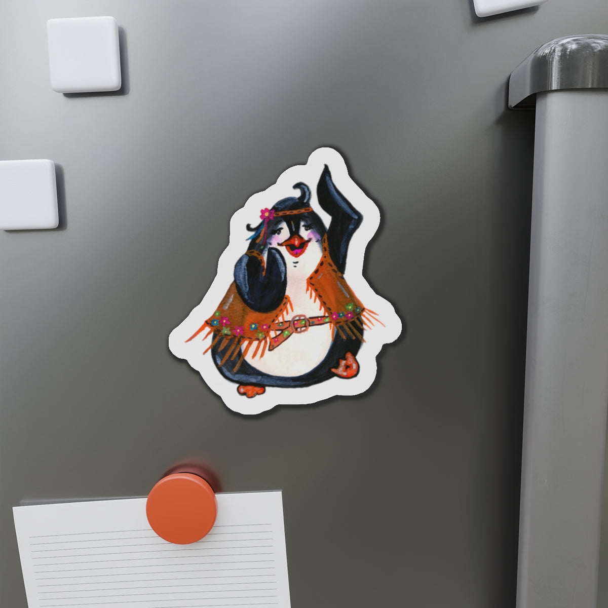 Hippy Penguin Die-Cut Magnets  Custom Shape, 5 Sizes, Vinyl Material for Outdoor Use, Flexible and Durable, Black Backing - Home Decor Refrigerator Magnets