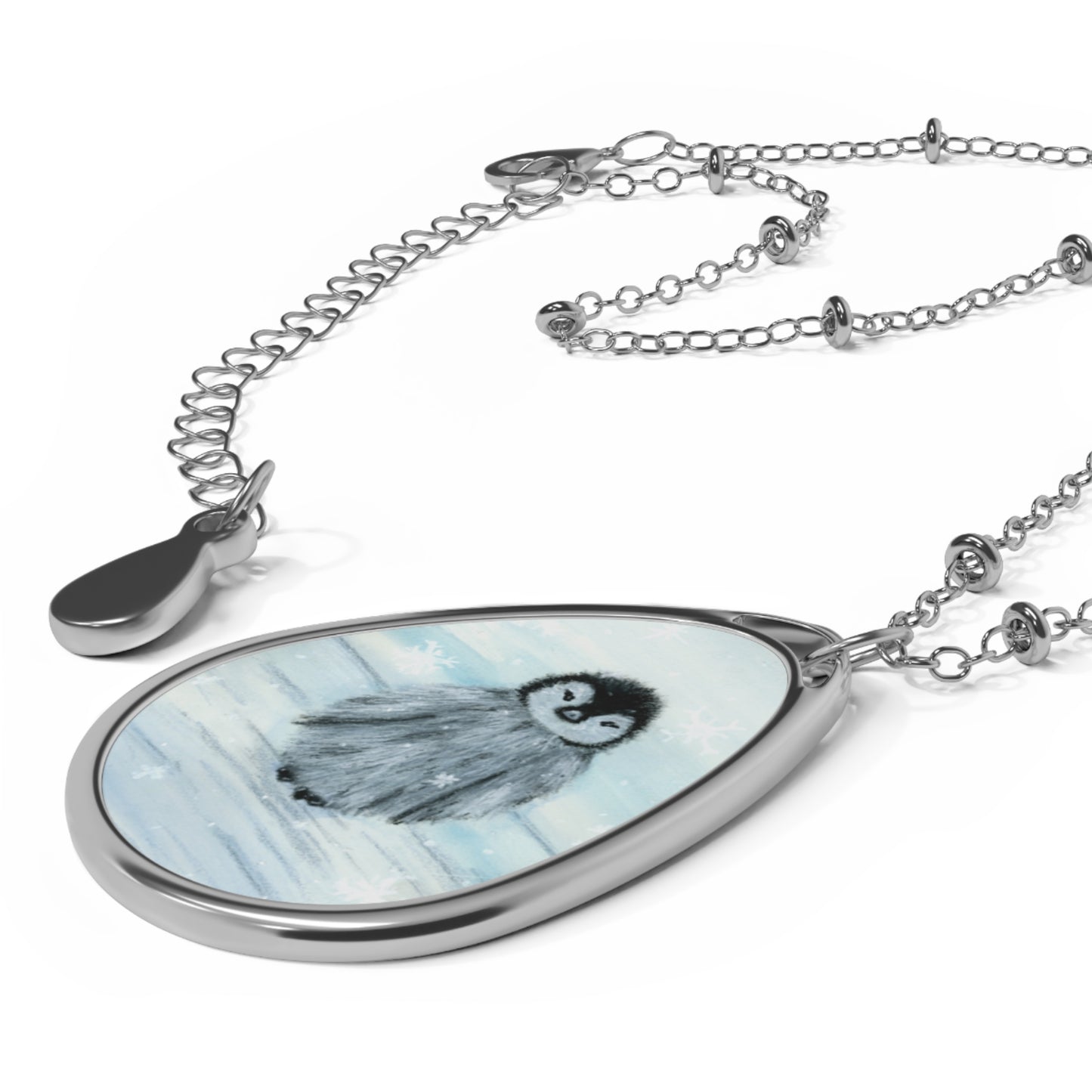 Winter Snow Penguin Oval Necklace