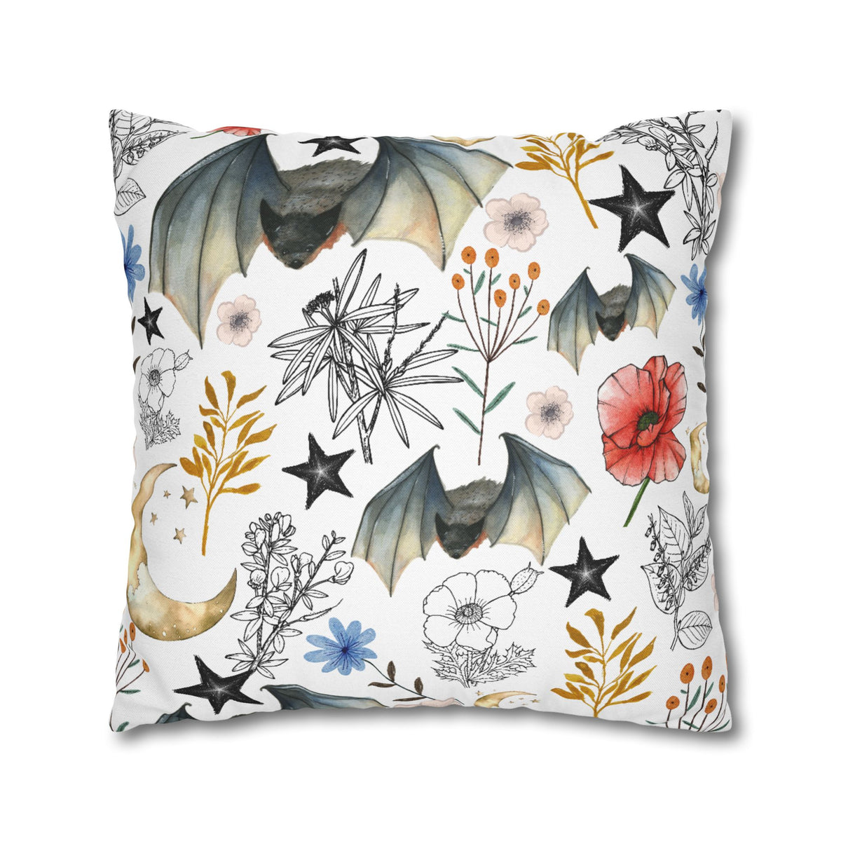 Botanical Night Bat Pillowcase — Floral Moon & Stars Throw Pillow Cover