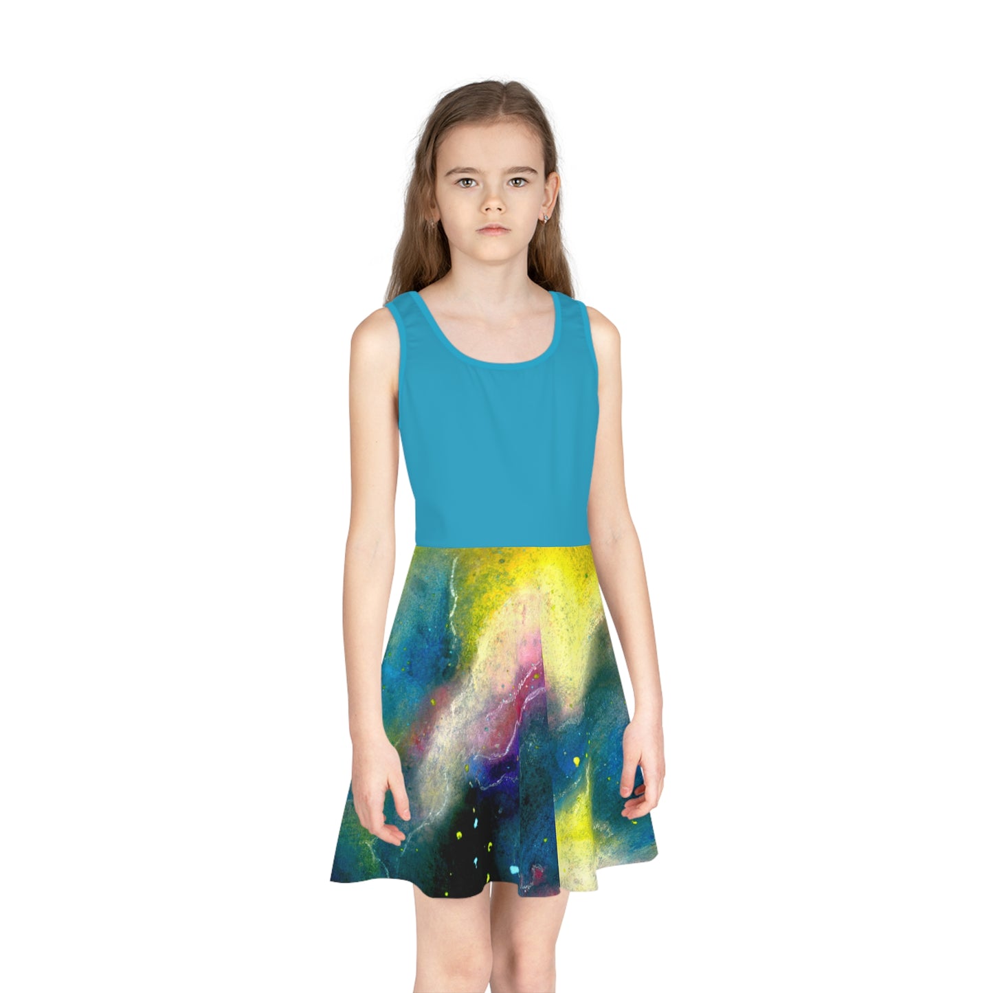 Turquois Top Sunrise Galaxy Girls' Sleeveless Sundress (AOP)