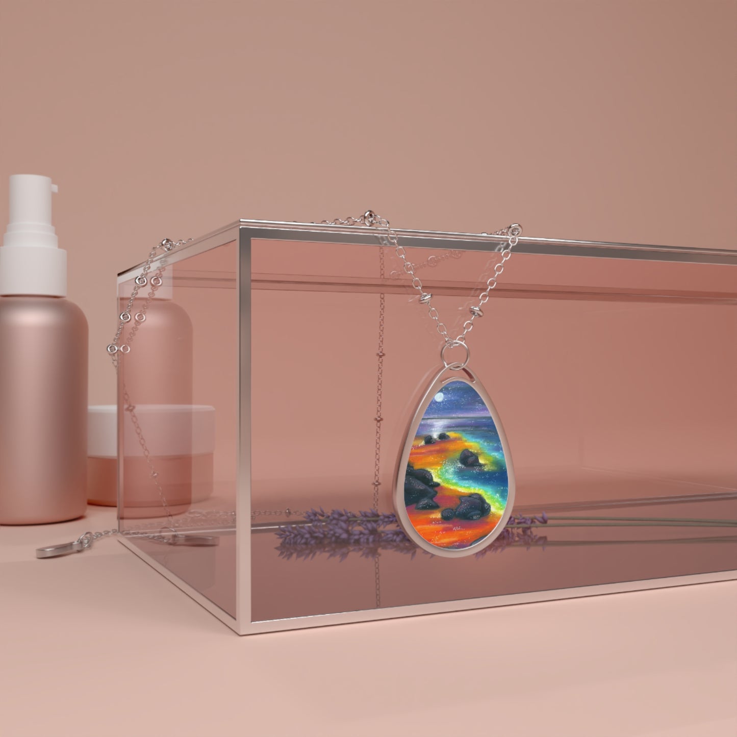 Silver Oval Pendant Necklace with Hand-painted Boho Night Beach Nature Art