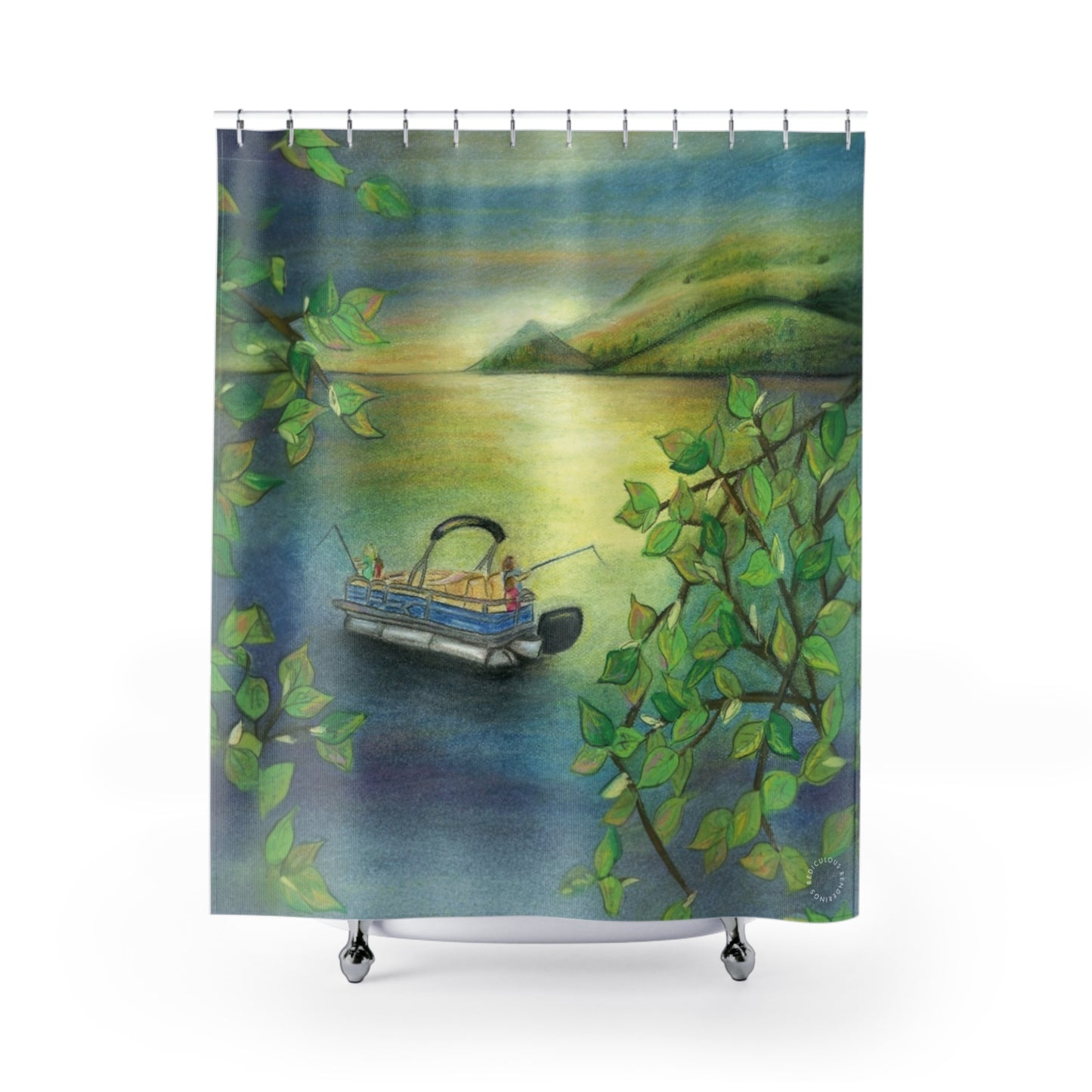 Lakefront Boat Shower Curtain — Peaceful Green Lake Scene Bathroom Decor