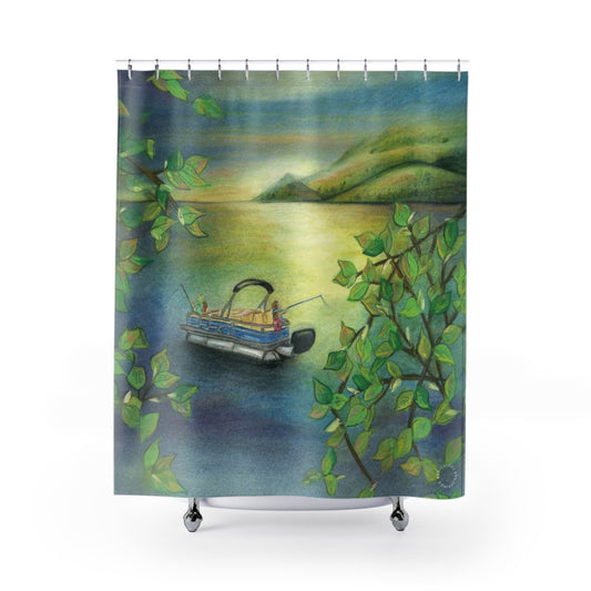Lakefront Boat Shower Curtain — Peaceful Green Lake Scene Bathroom Decor