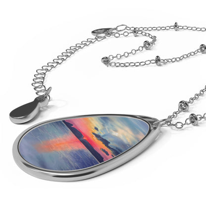 Silver Oval Pendant Necklace with Hand-painted Boho Sleeping Giant Sunrise Nature Art