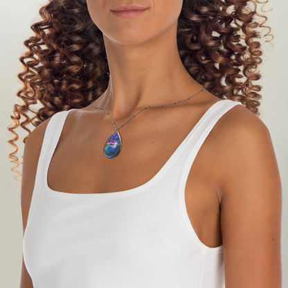 Silver Oval Pendant Necklace with Hand-painted Sunset Lake Watercolor Art