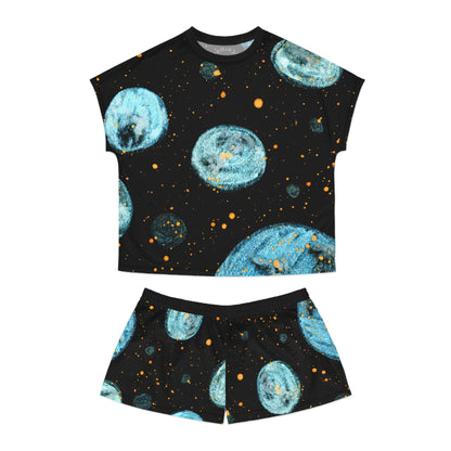 Celestial Blue Moon Women's Short Pajama Set — Spacey Planet Print Loungewear