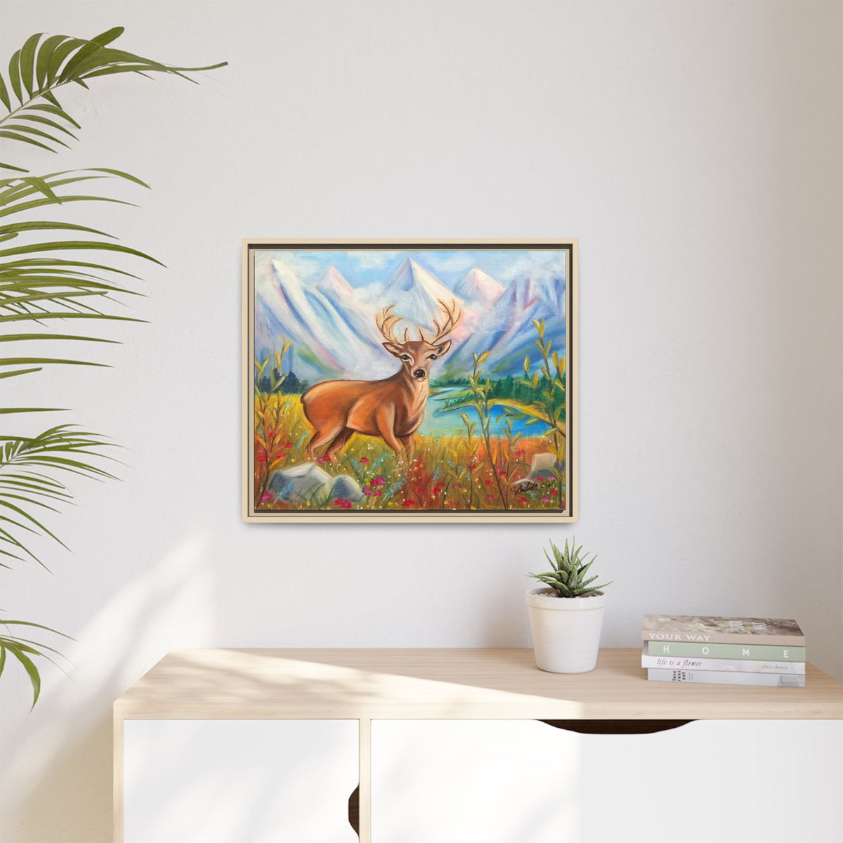 Framed Canvas Wall Art — Majestic Deer in Mountain Meadow