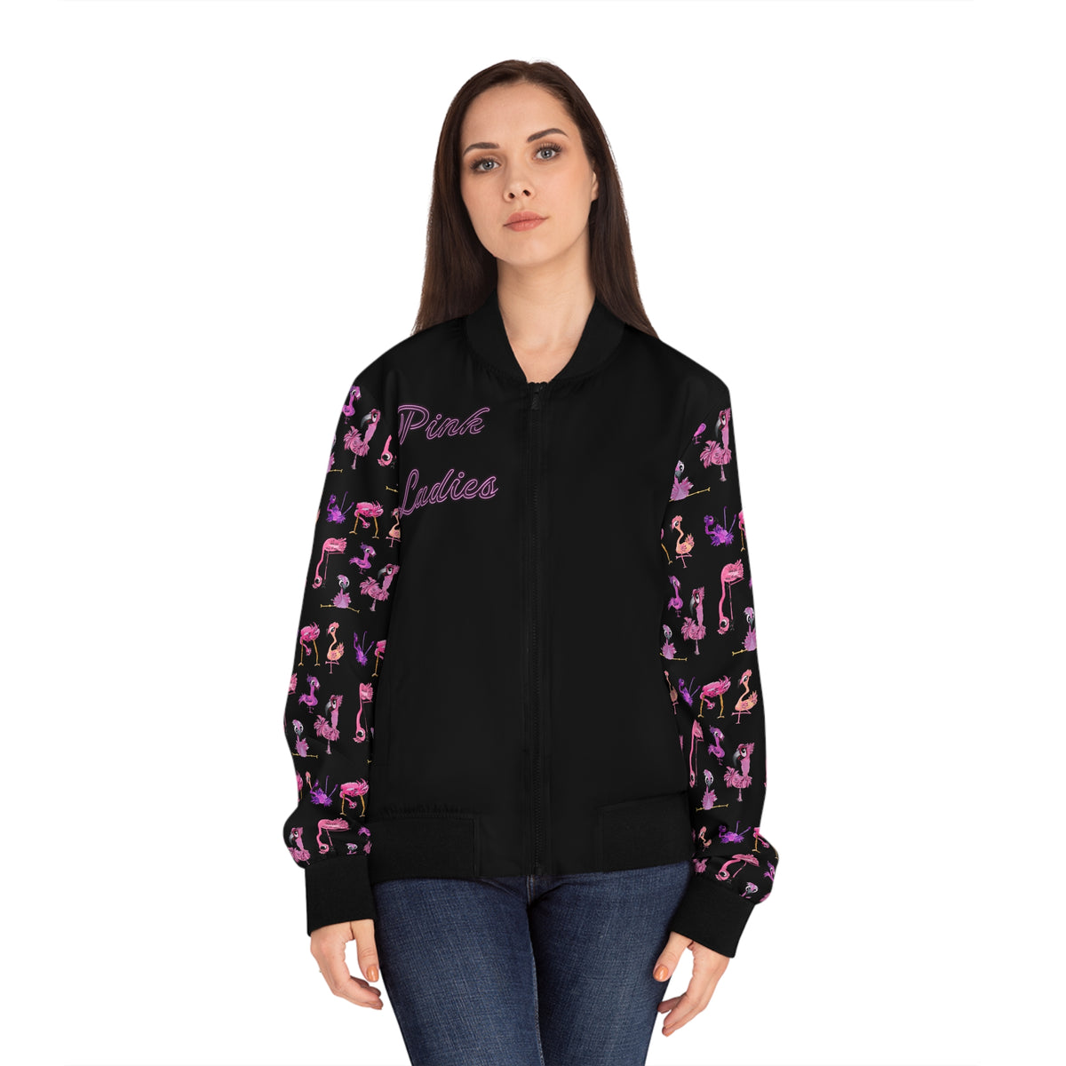 Pink Ladies Flamingo Bomber Jacket — Women's Graphic Zip-Up
