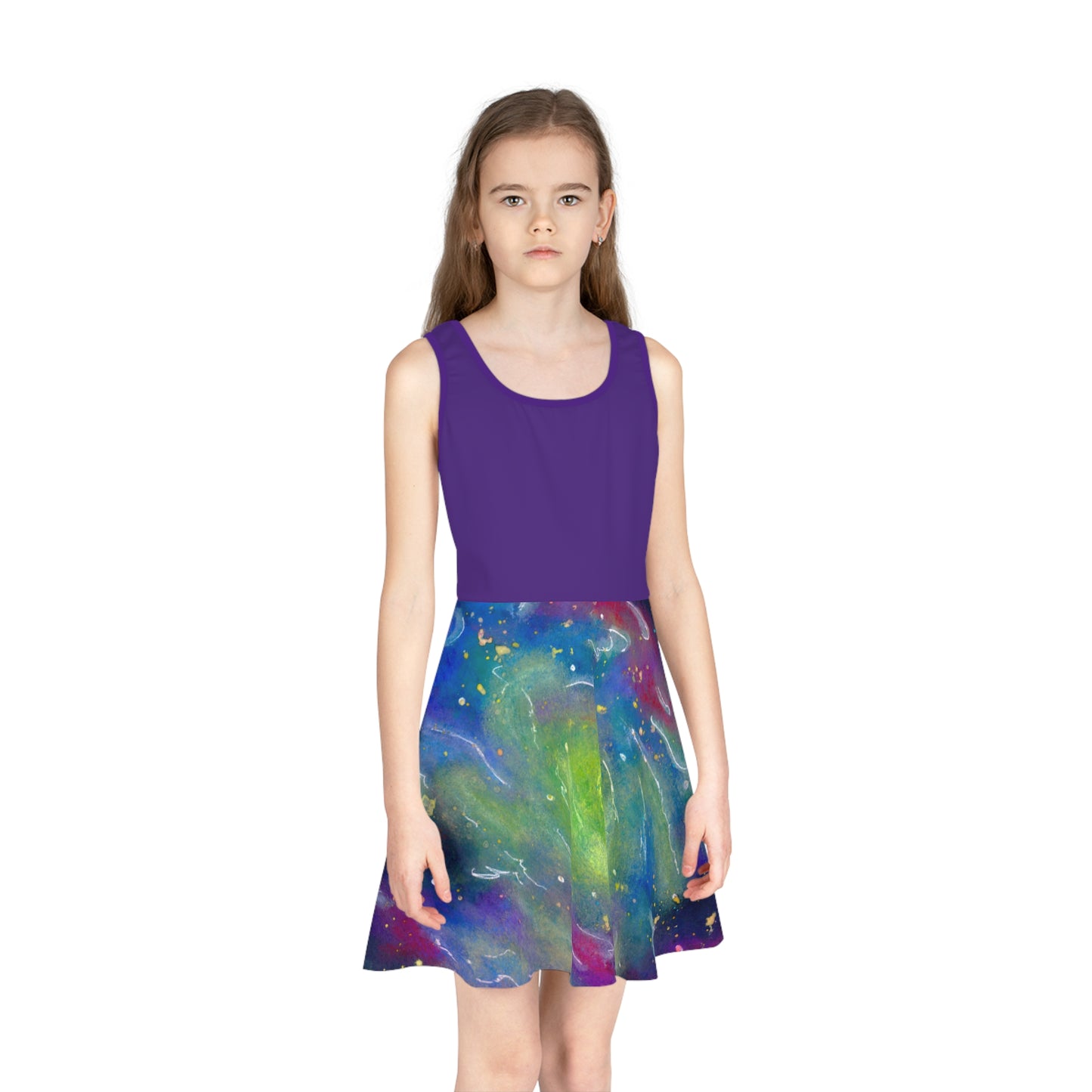 Purple Top Rainbow Vortex Galaxy Girls' Sleeveless Sundress (AOP)