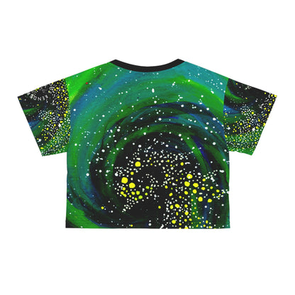 Galactic Swirl Crop Tee — Neon Green Space Galaxy Print