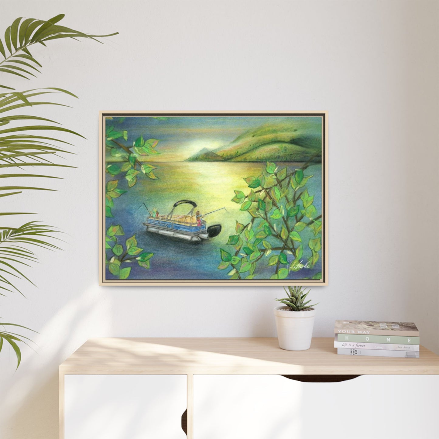 Pontoon Boat on Lake Framed Wall Art